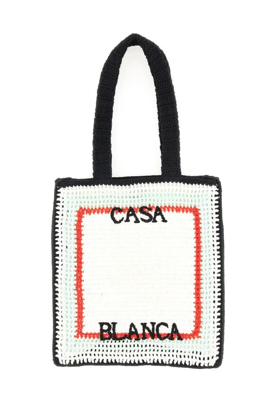 Casablanca unisex crochet bag white with black and white pattern red border and casa blanca embroidered in black