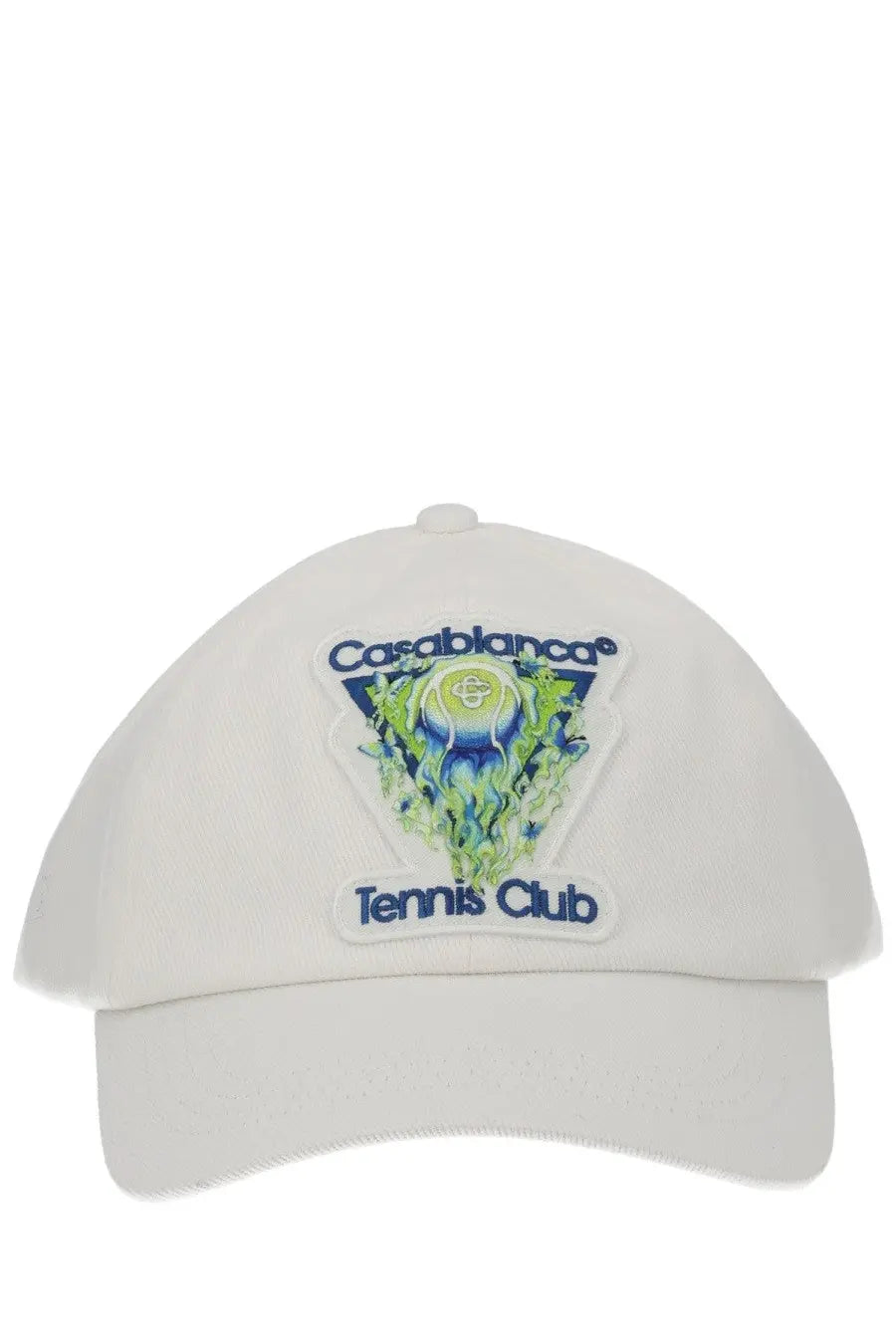 White Casablanca unisex baseball cap with colorful embroidered Casablanca tennis club patch and tennis ball design
