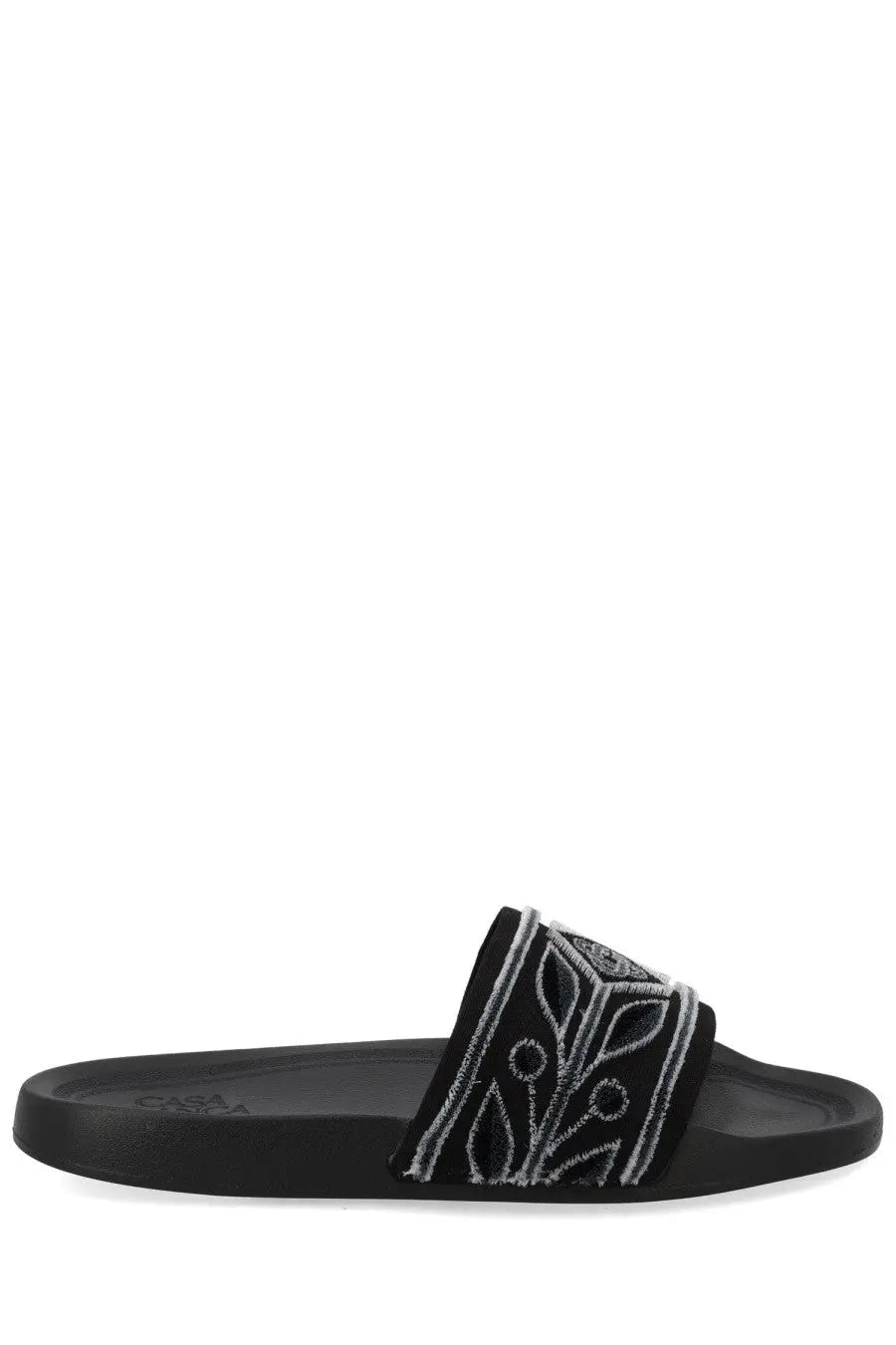 Casablanca unisex slide black sandal with decorative embroidered strap featuring white and silver thread detailing