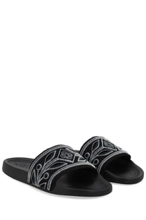 Casablanca unisex slide black sandals with intricate silver embroidery in geometric and leaf-like patterns on strap