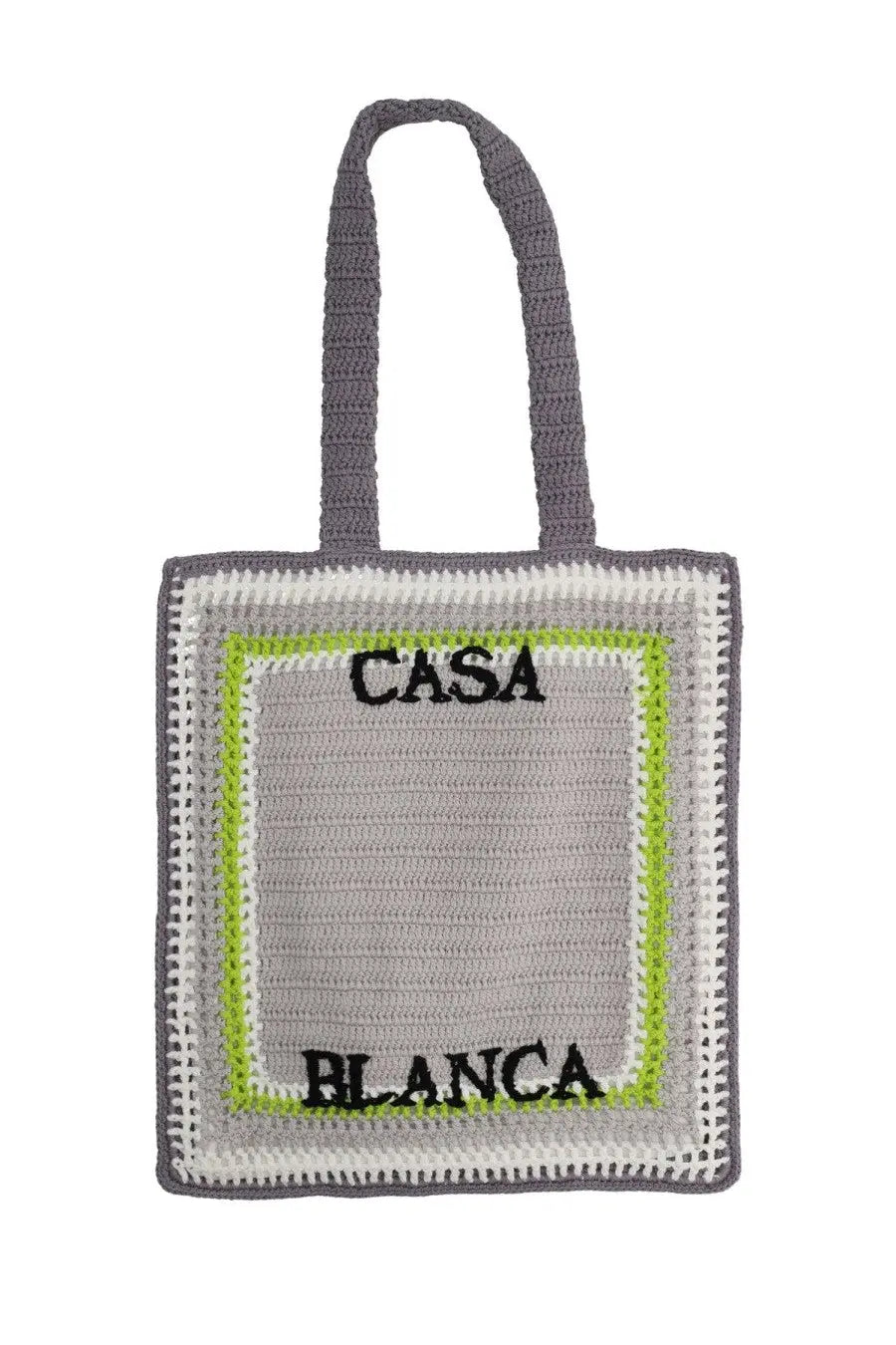 Casablanca unisex tote bag grey crocheted with lime green and white border and black casa blanca embroidery
