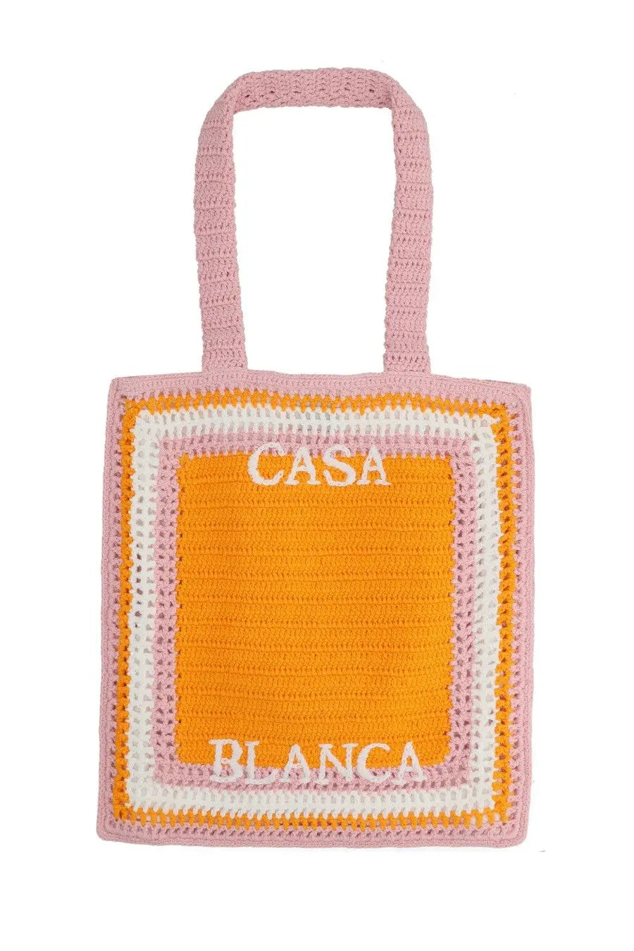 Pastel pink and orange crocheted unisex tote bag with casa blanca embroidery in white Casablanca tote bag Orange