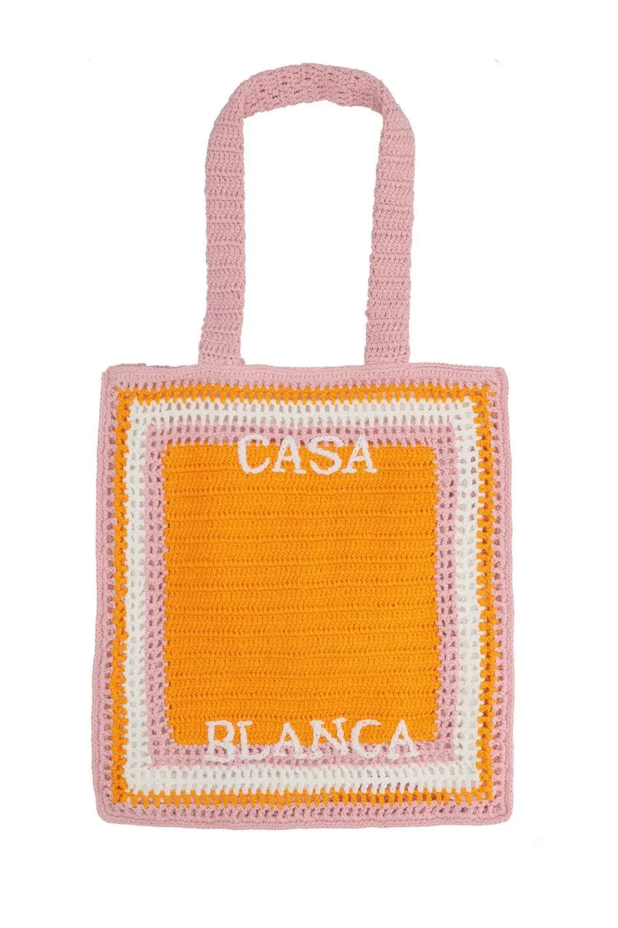 Casablanca unisex tote bag orange crocheted in pink and orange with casa blanca embroidered in white on the front