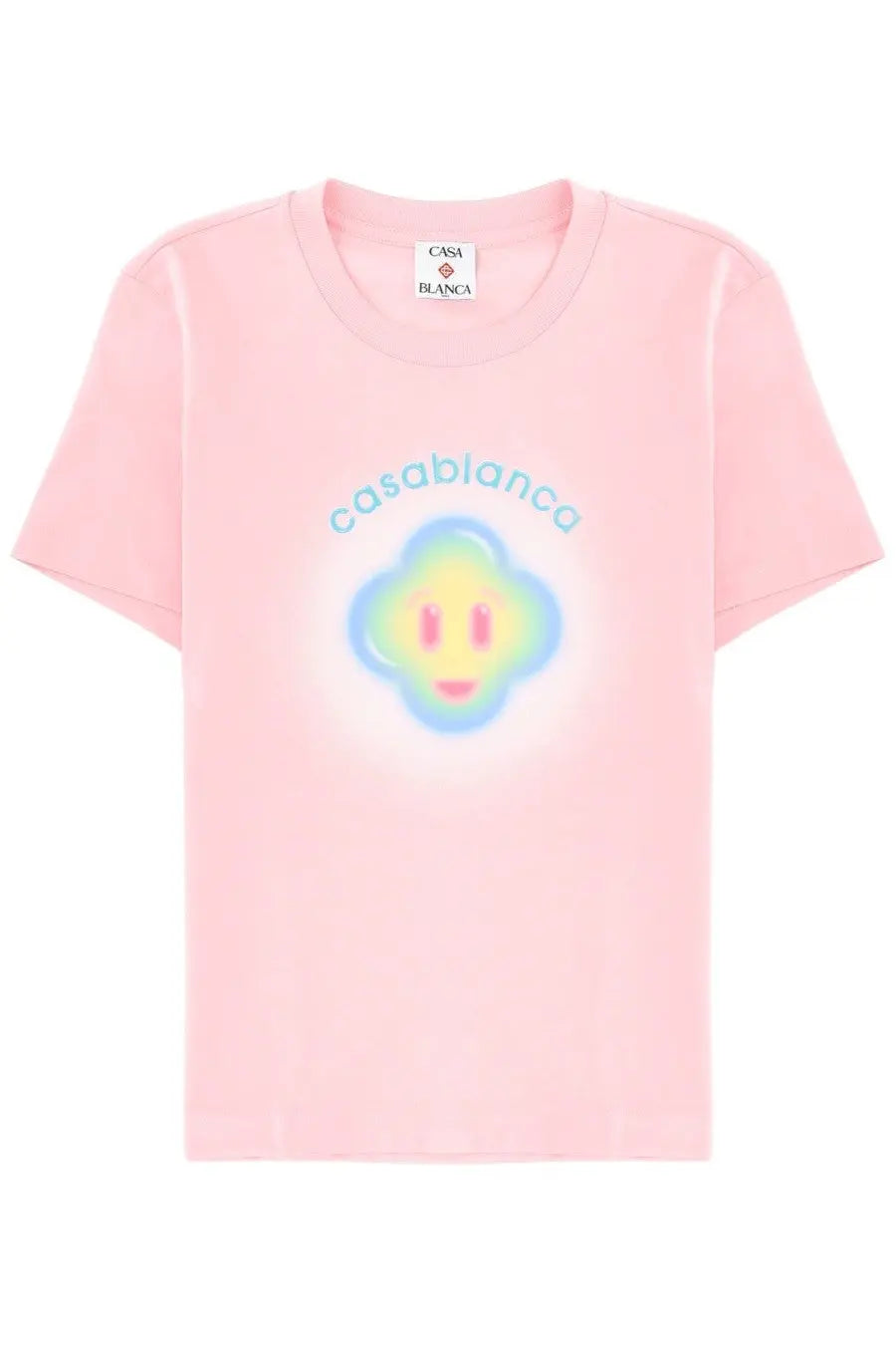 A soft pink short-sleeved t-shirt with a colorful smiling cloud and casablanca text on the front