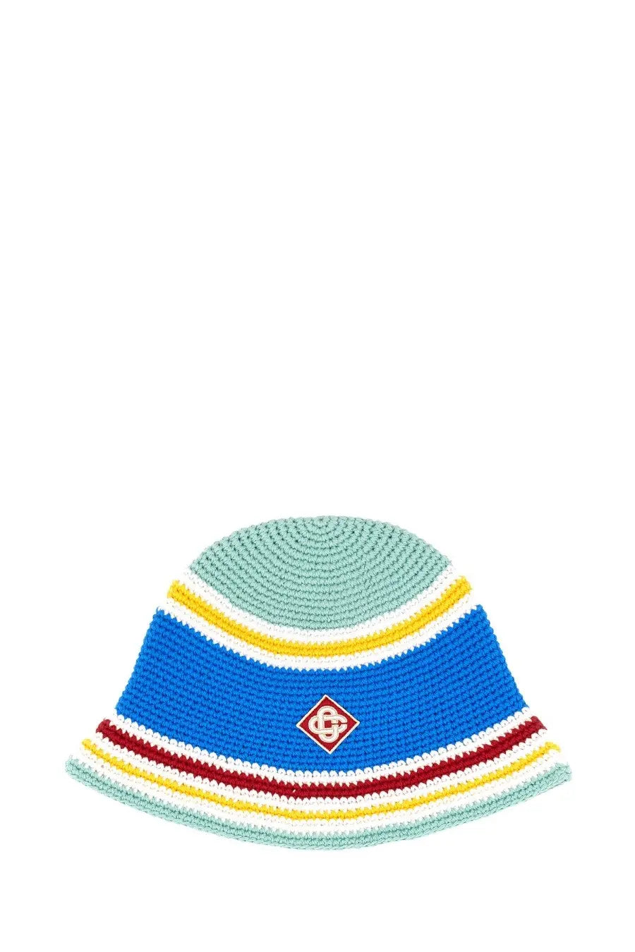 Casablanca women’s beanie hat blue colorful hand-knitted bucket hat with bold horizontal stripes and diamond logo