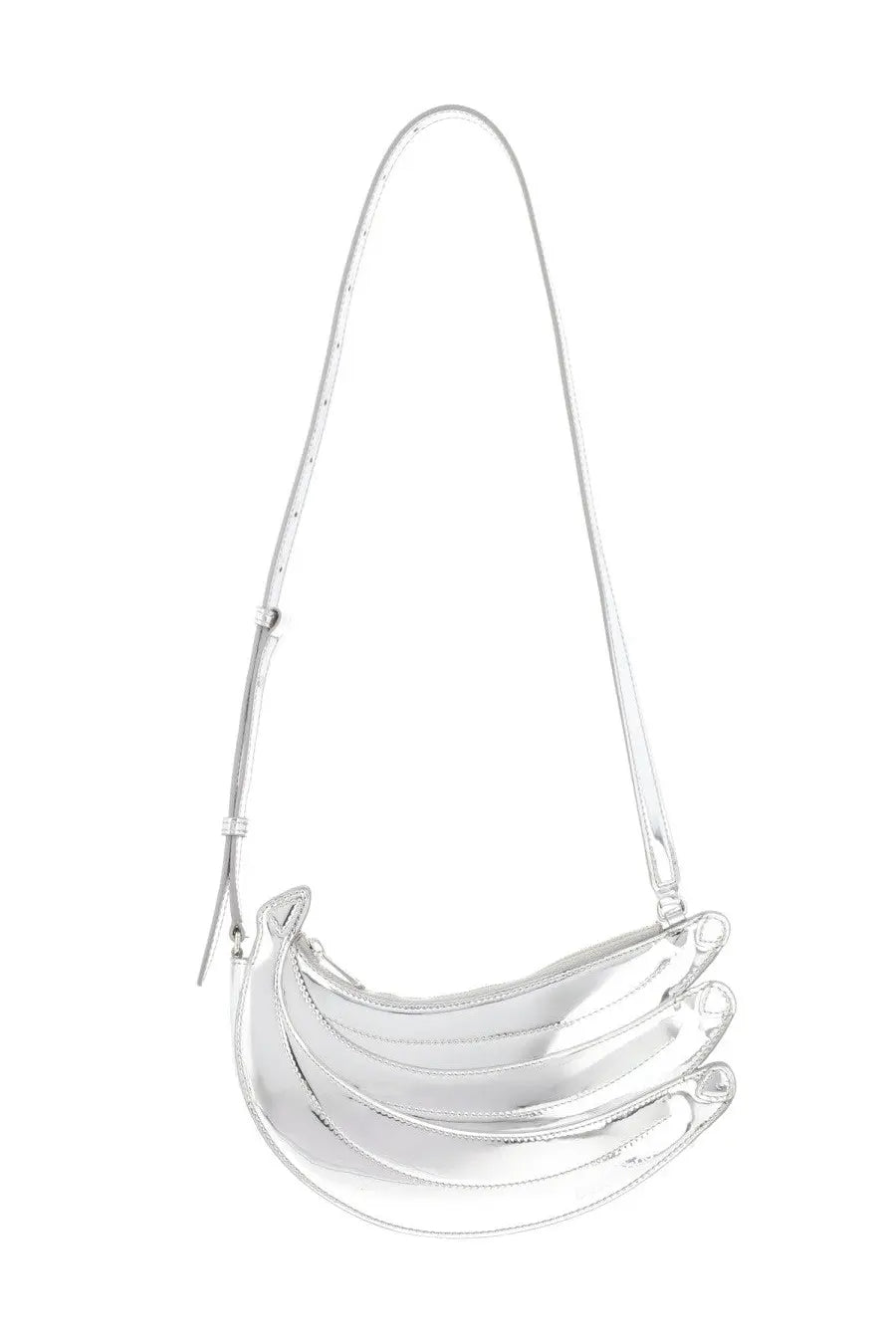 Casablanca women’s borsa banana silver metallic banana-shaped crossbody bag with sleek glossy finish and adjustable strap