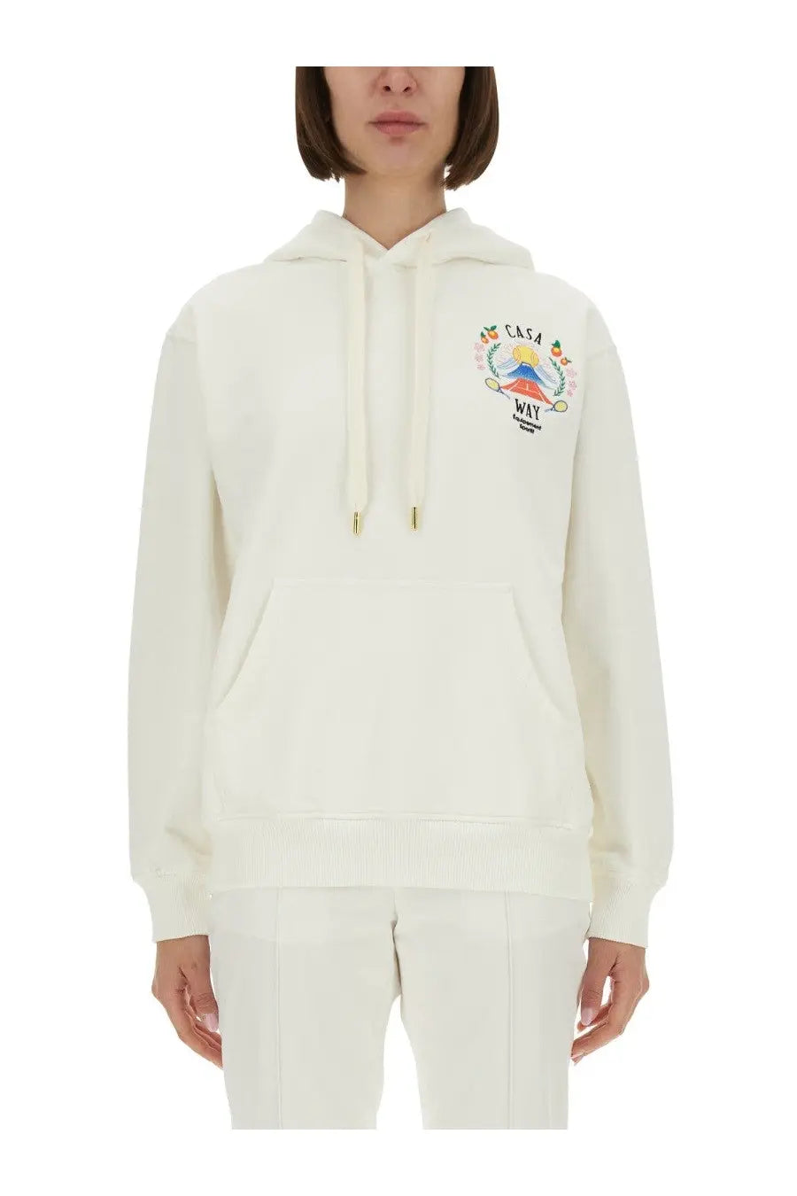 Casablanca women’s casaway mountain sweatshirt white cream cotton hoodie with colorful embroidered patch on chest