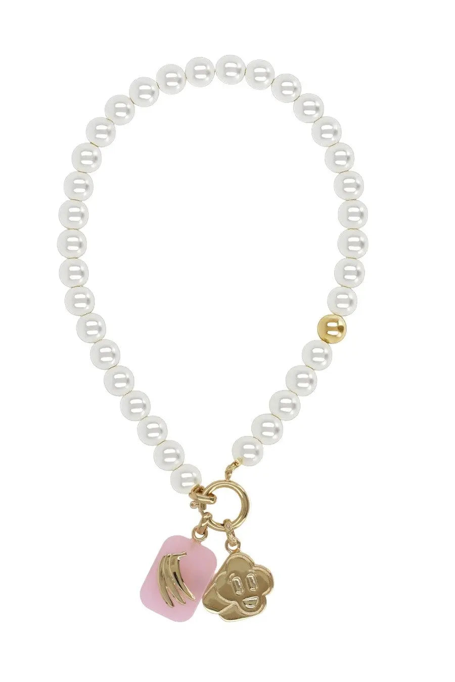 Casablanca women’s collana icon pearl white delicate white pearl bracelet with gold clasp and pink enamel charms