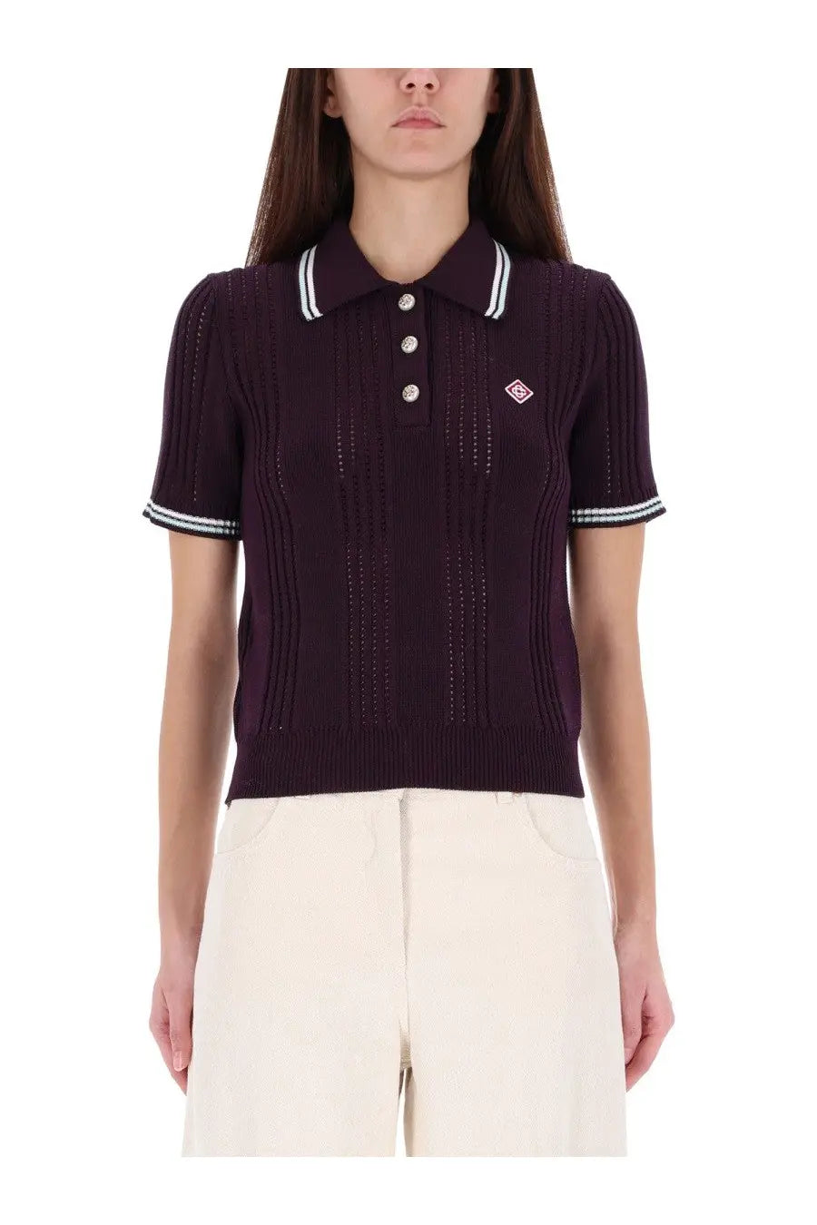 Casablanca women’s cotton knit polo shirt purple with dark purple ribbed fabric white trim and diamond logo on chest