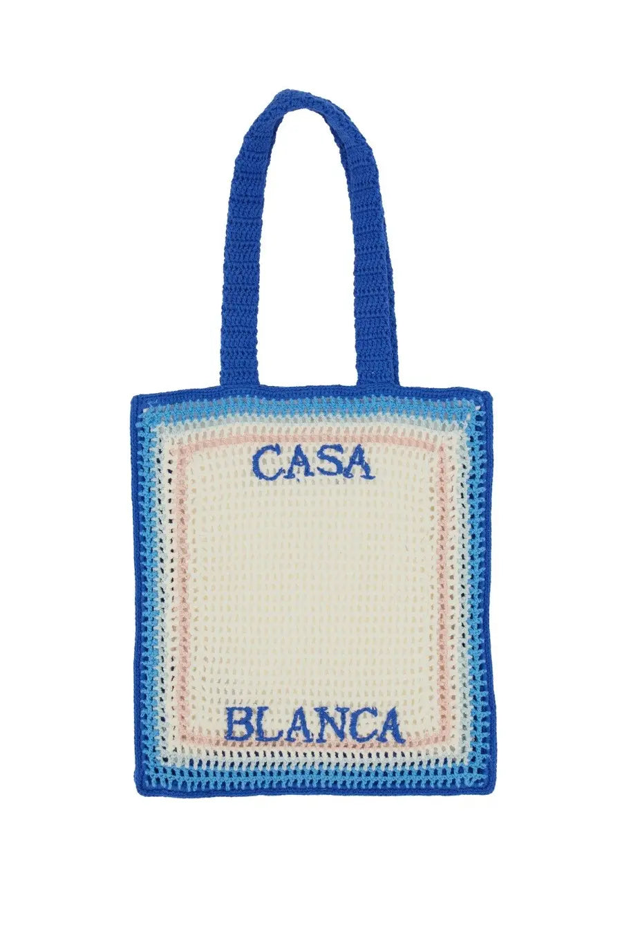 Casablanca women’s crochet tote bag in vibrant blue cream and soft pink with casa blanca embroidered front