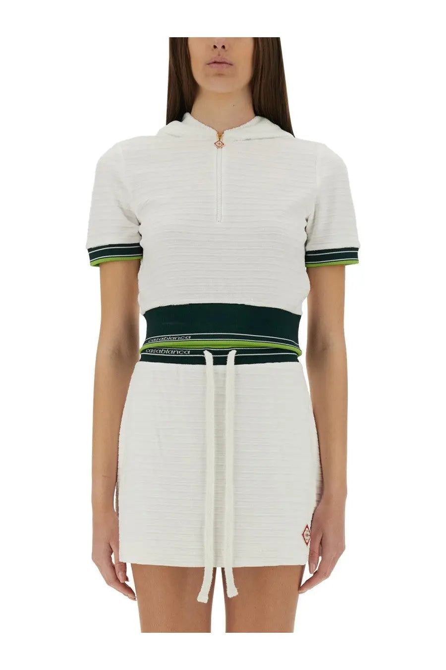 White textured hoodie dress with green and navy striped accents and drawstring waistband from casablanca women
