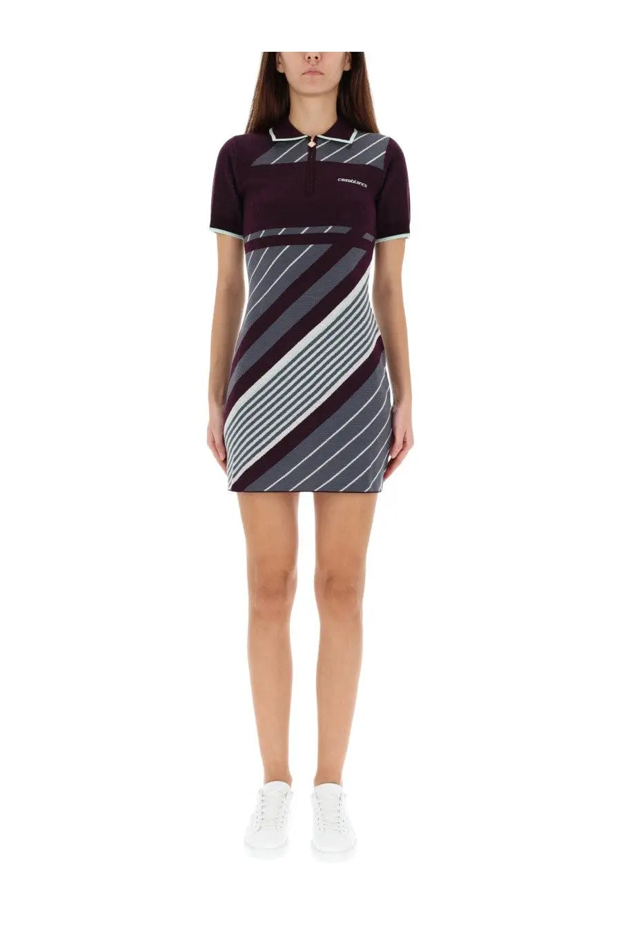 A Casablanca women’s diagonal tennis polo dress in maroon and gray stripes with collar and short sleeves