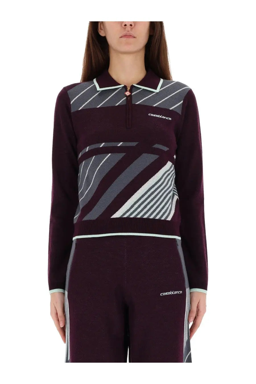 Maroon and gray striped knit polo top with white trim details in the casablanca womens diagonal tennis polo shirt purple