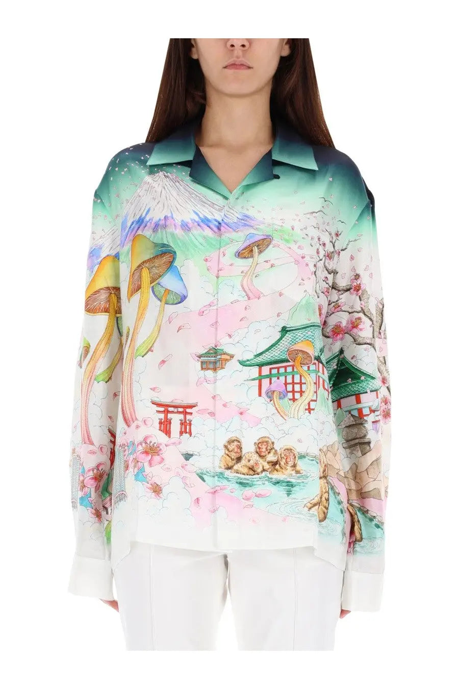 A vibrant multicolor long-sleeved silk blouse with flower print featuring mount fuji and traditional japanese motifs