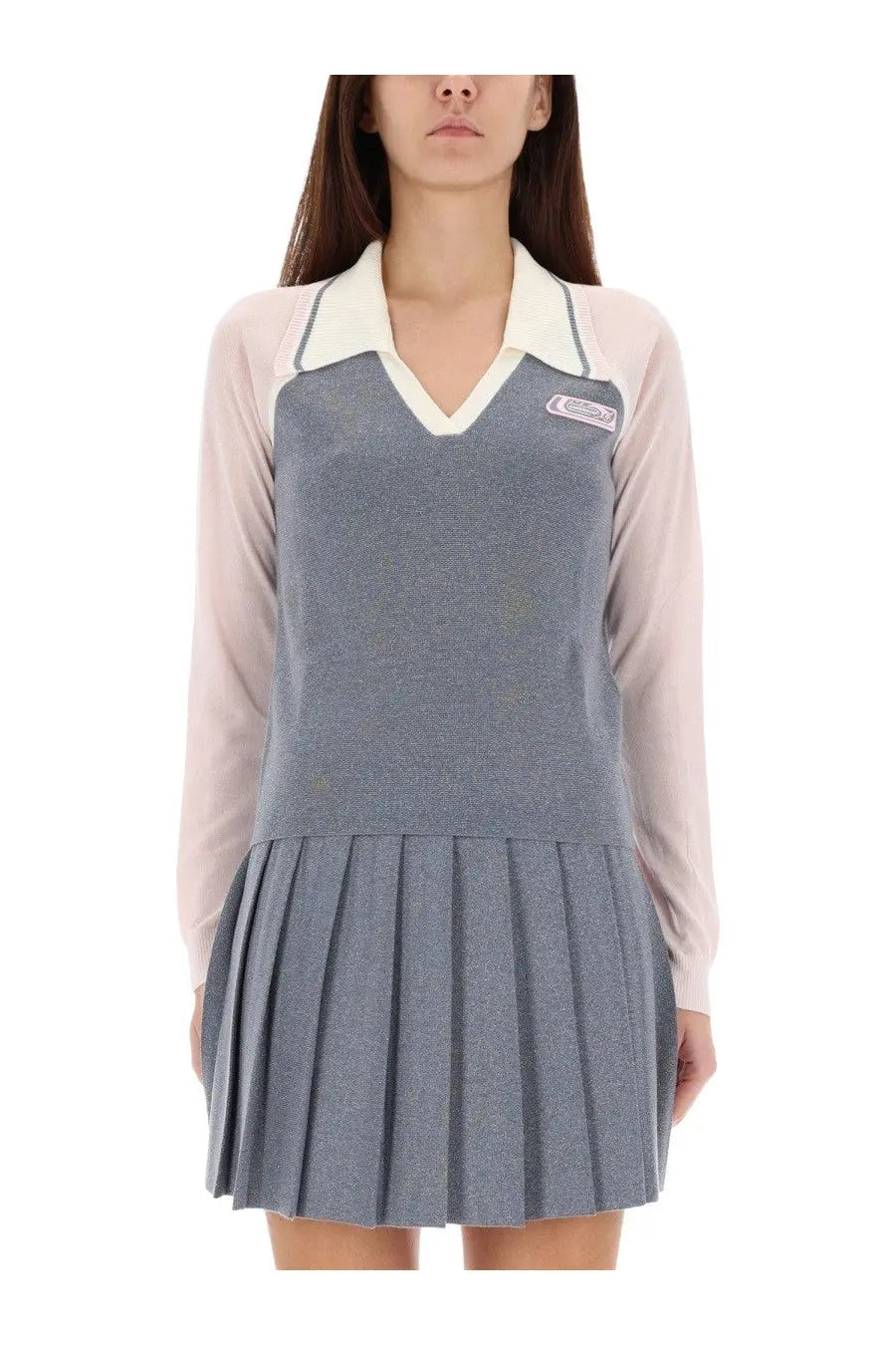 Casablanca women’s long sleeve tennis polo shirt in silver with gray pleated skirt dress featuring white collar and beige sleeves