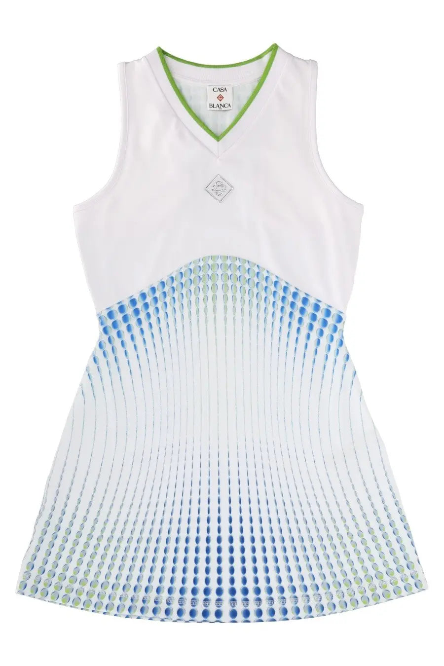 Casablanca women’s mini tennis dress white sleeveless v-neck with lime trim and blue green dot gradient from waist