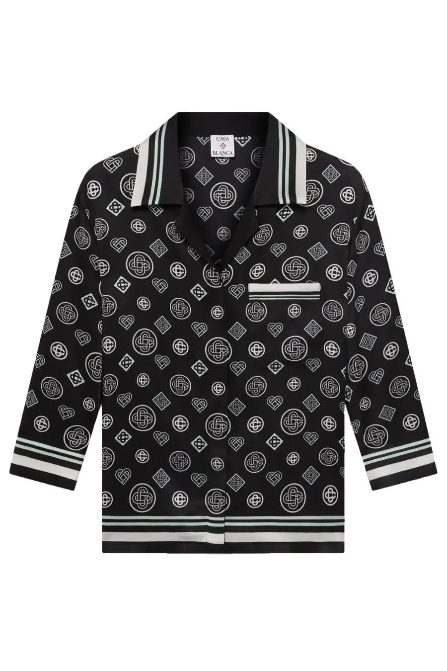 Casablanca women’s monogram black silk pajama shirt with white geometric heart patterns and striped collar and cuffs