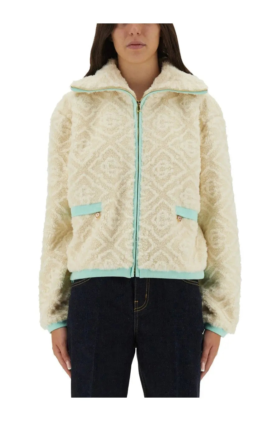 Casablanca women’s monogrammed fleece jacket white cream faux fur with diamond texture and mint green zipper accents