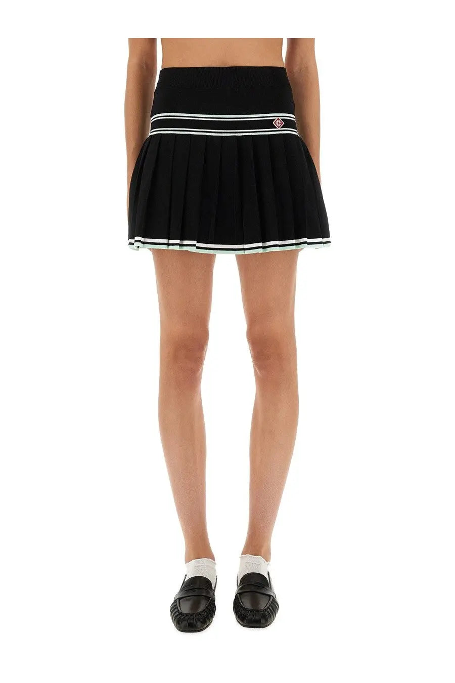 Casablanca women’s black pleated viscose miniskirt with white and navy striped waistband and hem with red logo