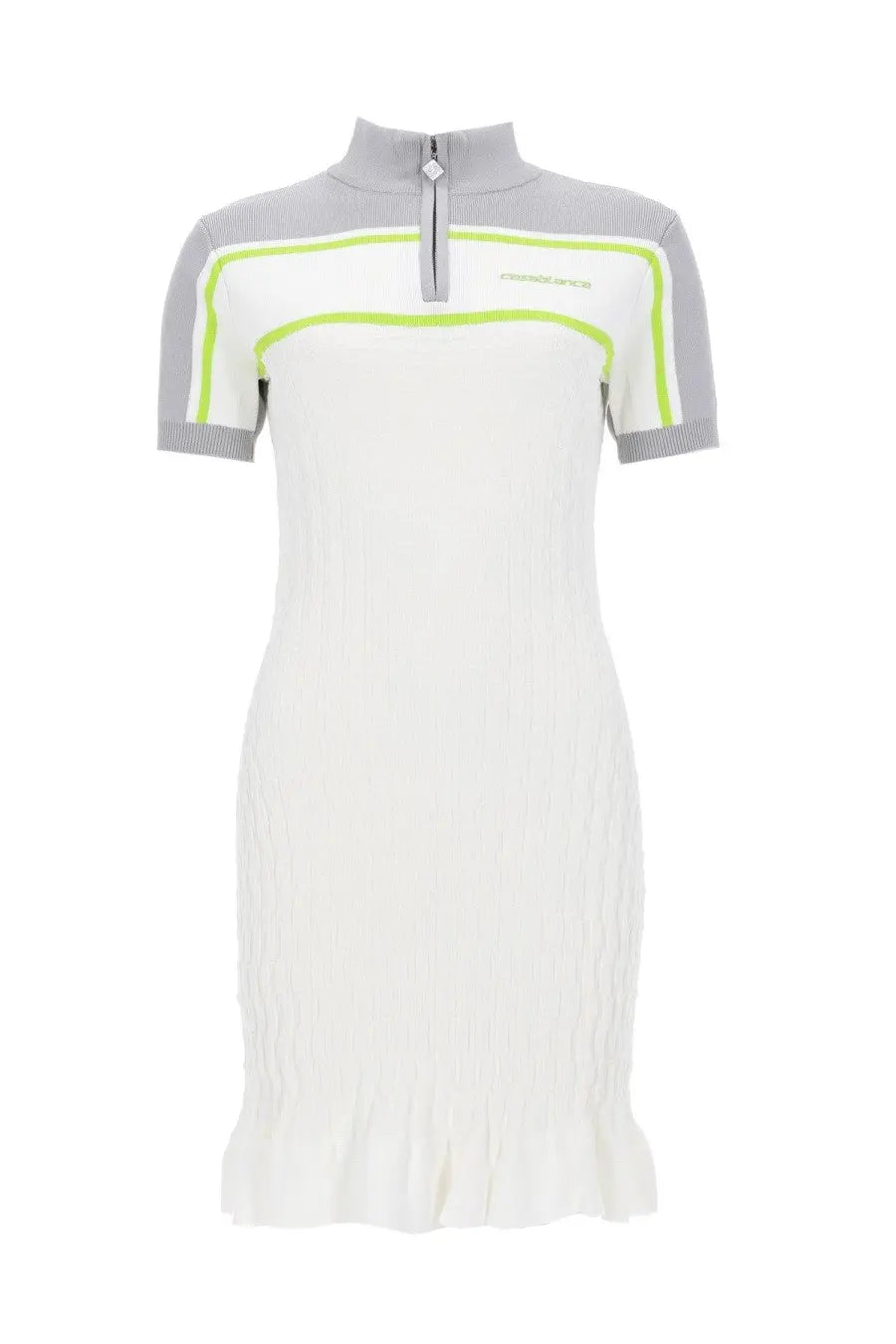 Casablanca women’s polo shirt dress tennis white in white knit with gray sleeves lime green trim half-zip neckline and ruffled hem