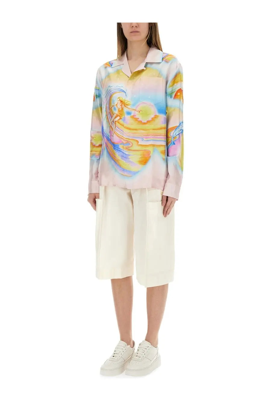 A vibrant multicolor long-sleeved silk blouse with a surreal oceanic scene in pastel hues by Casablanca women