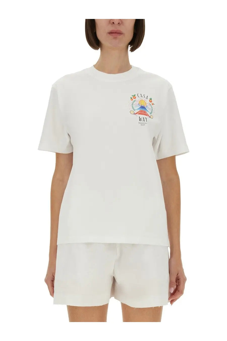White cotton Casablanca women’s regular fit t-shirt with colorful embroidered casa way logo and floral design on chest