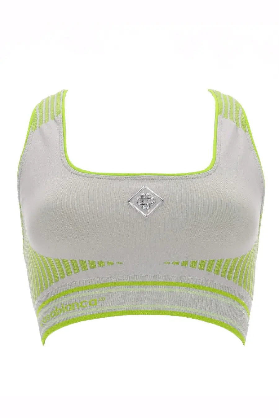 Casablanca women’s seamless bralette top in grey with white and neon green athletic sports bra and diamond metallic logo