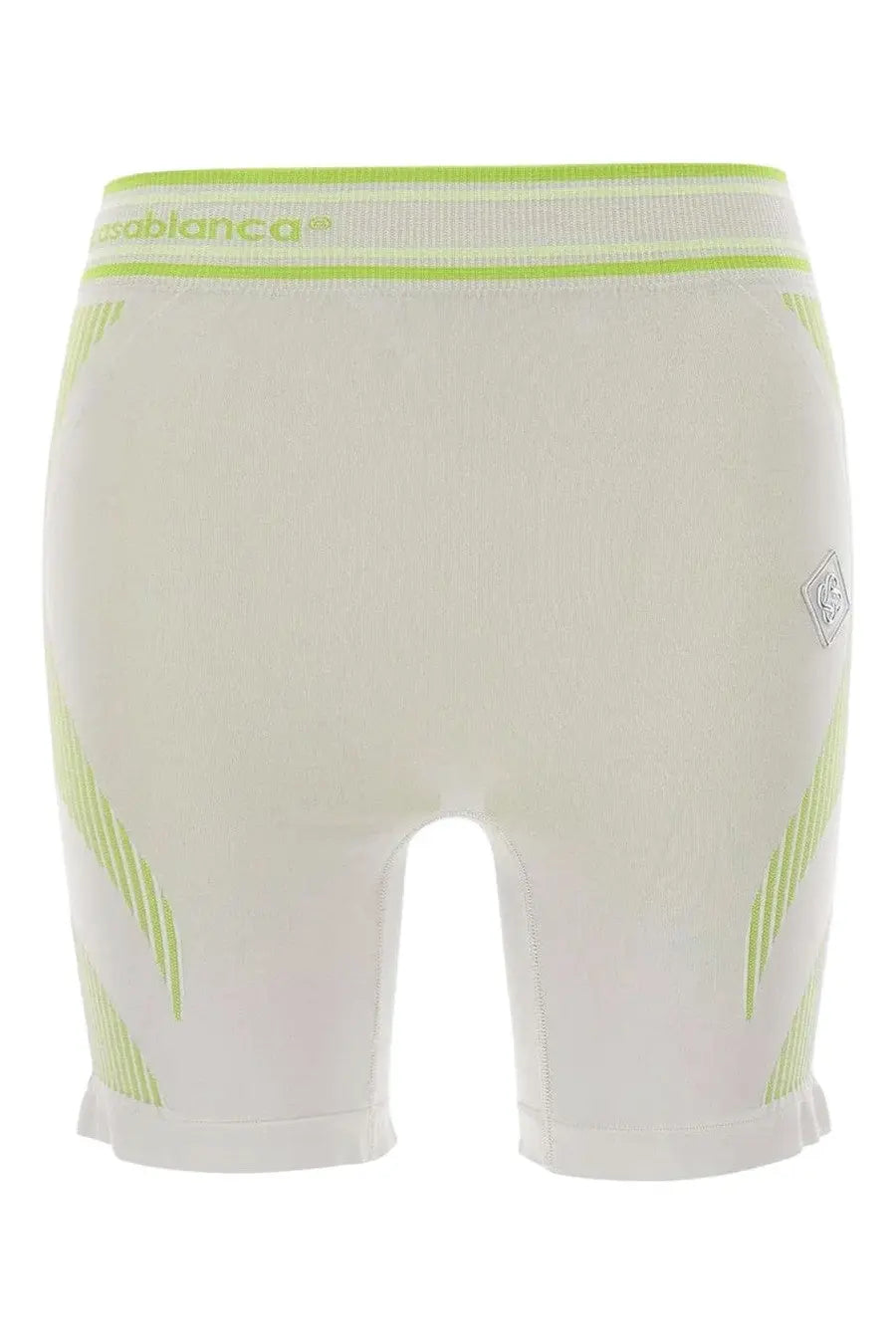 Casablanca women’s seamless white athletic shorts with neon green diagonal stripes and matching waistband