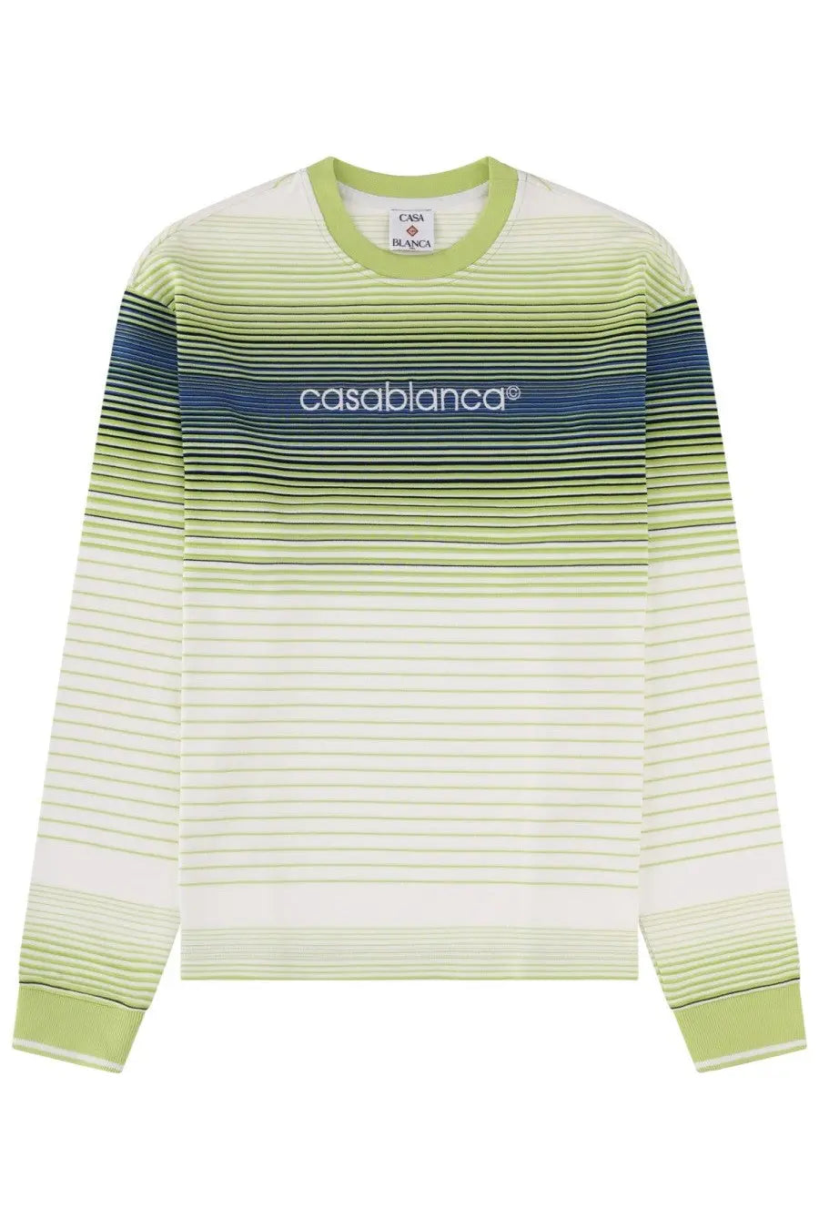 Casablanca women’s long-sleeved multicolor sweatshirt with horizontal white to green and blue stripes and navy logo