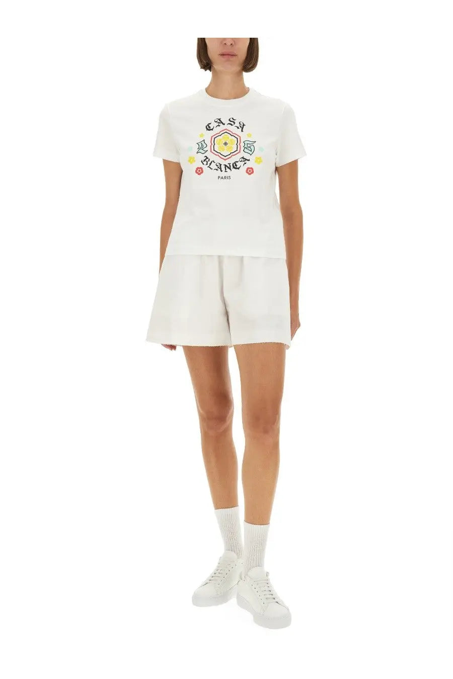 White cotton Casablanca women’s t-shirt with colorful floral and casa bianca paris vintage graphic design