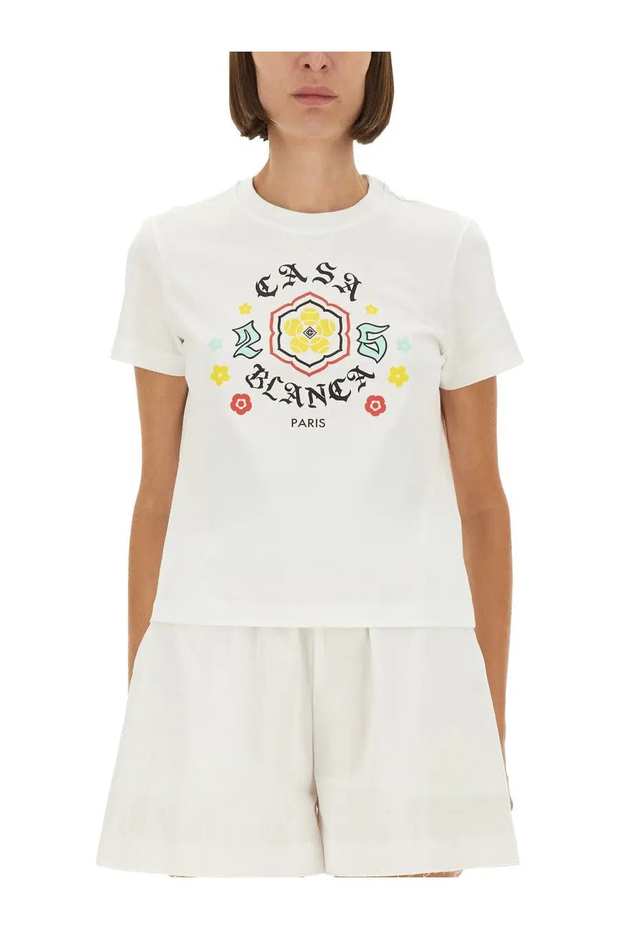 White short-sleeved cotton t-shirt with colorful casa blanca paris floral graphic print for women