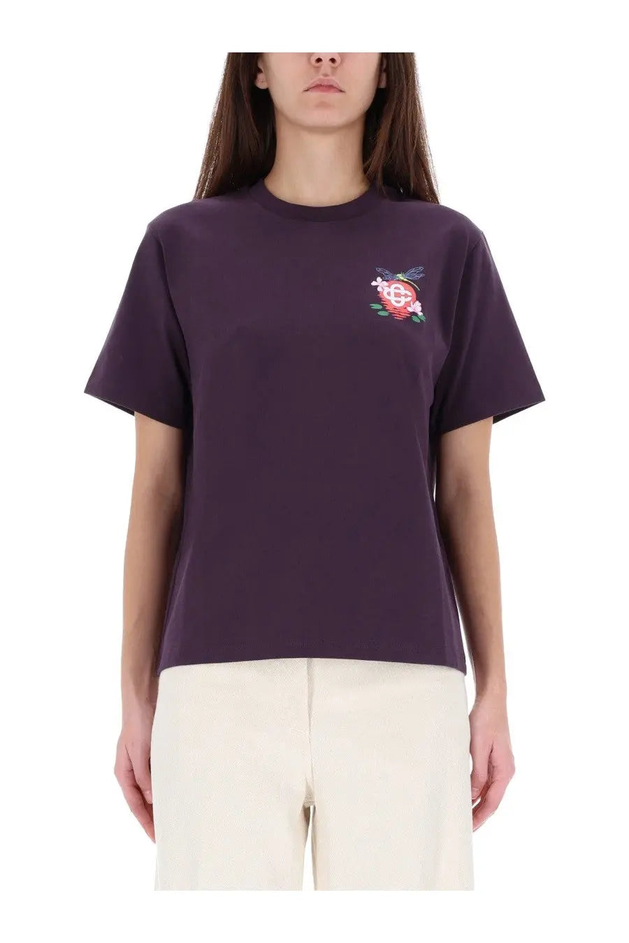 Casablanca women’s purple short-sleeved shirt with colorful embroidered floral design on the left chest