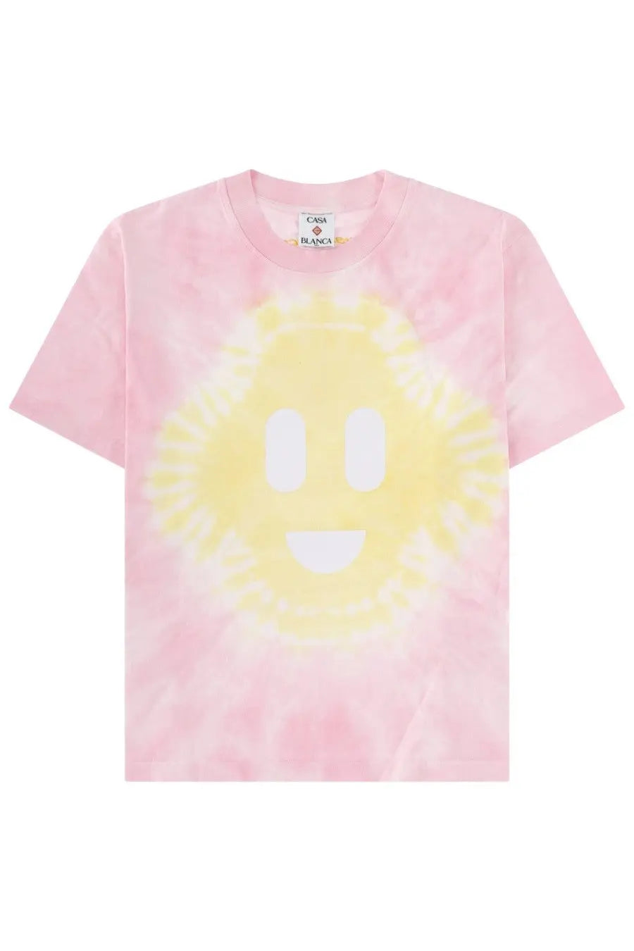 Casablanca women’s pink tie-dye t-shirt with a yellow smiley face graphic for casual wear