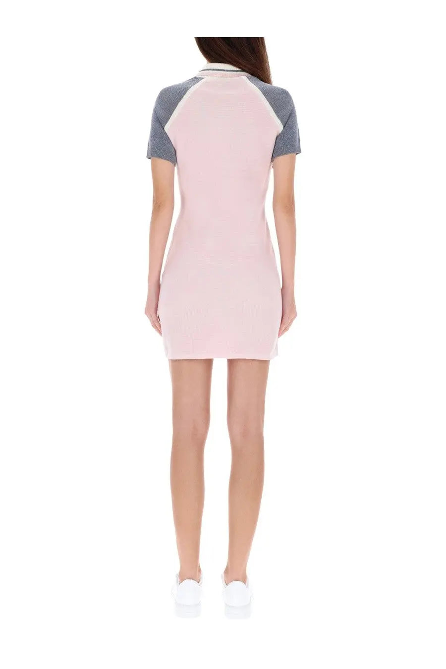 Casablanca women’s tennis dress blue in pink and gray with raglan sleeves and a ribbed collar in mini length