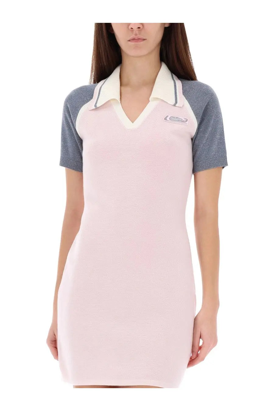 A pink and gray short-sleeved polo dress with white collar and subtle logo for women’s tennis by Casablanca