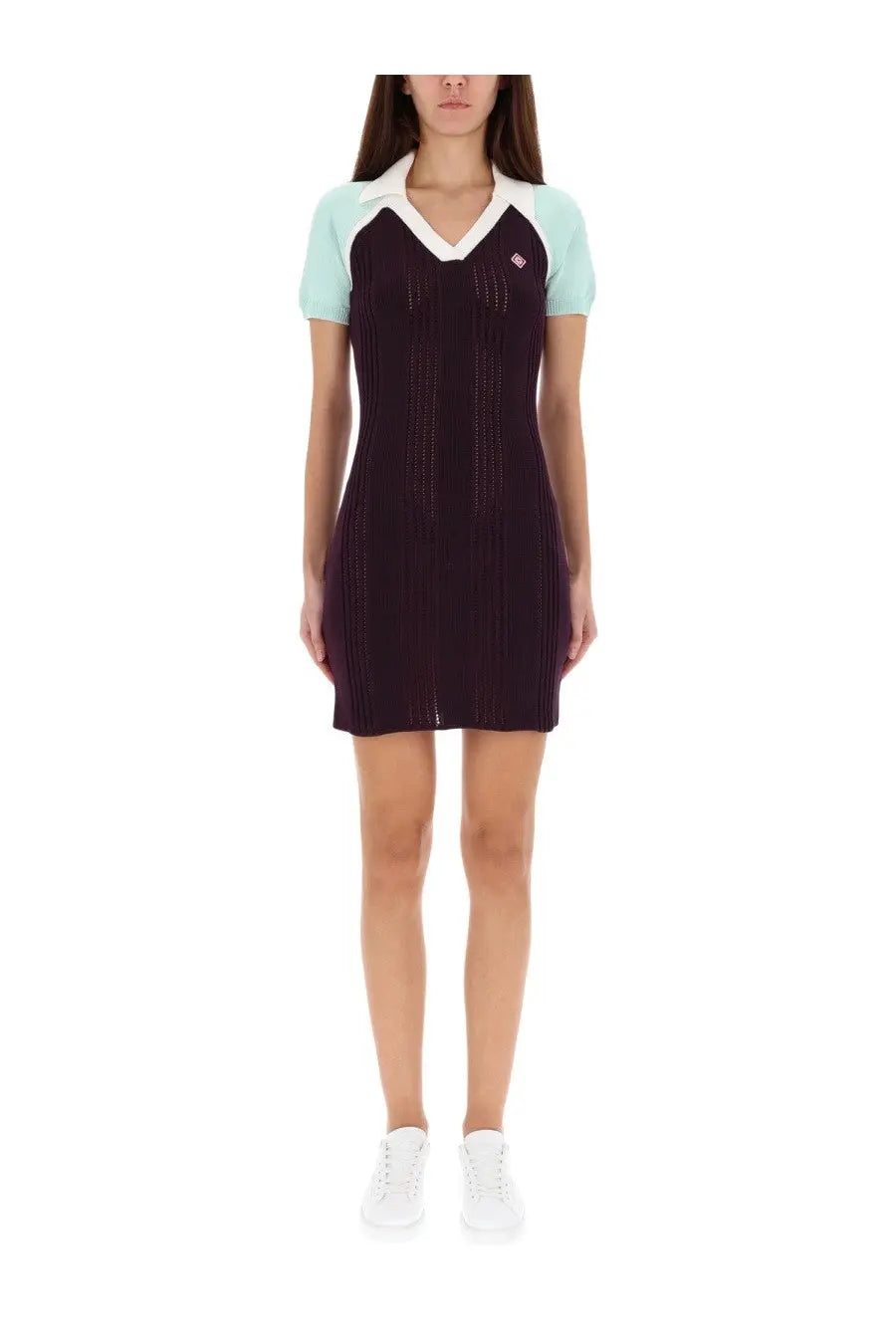 Casablanca women’s tennis dress in dark purple knit with light blue and white contrast collar and vertical ribbed texture
