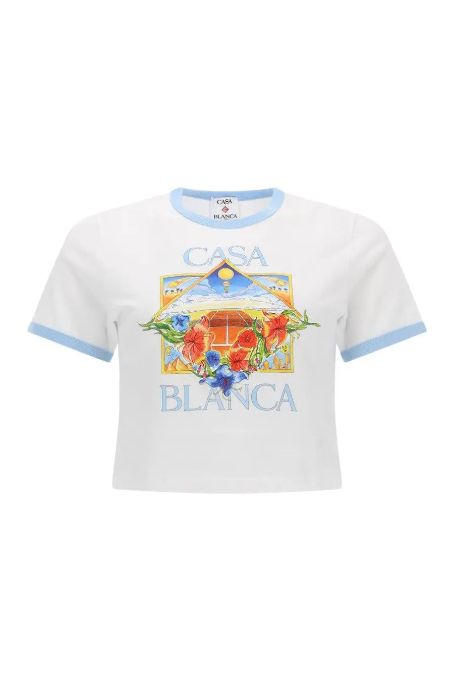 White cropped cotton t-shirt with light blue trim and colorful casa blanca tennis graphic featuring flowers and sun