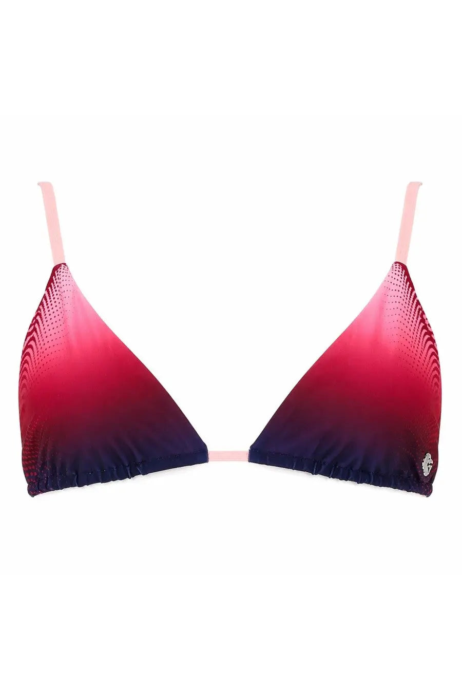 Casablanca women’s top bikini with aubergine gradient blue triangle cups and pink straps featuring geometric pattern