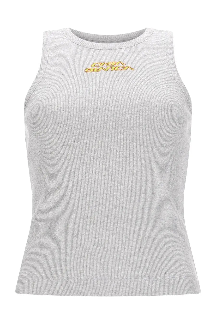 Casablanca women’s heather gray ribbed knit sleeveless top with small orange and yellow embroidered logo on chest