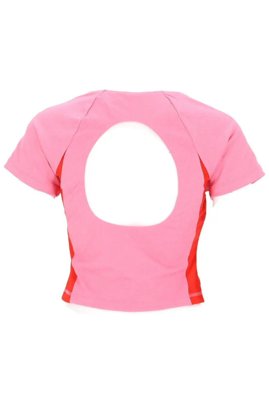 Casablanca women’s pink short-sleeved top with red side panels and large oval back cutout shown from back view