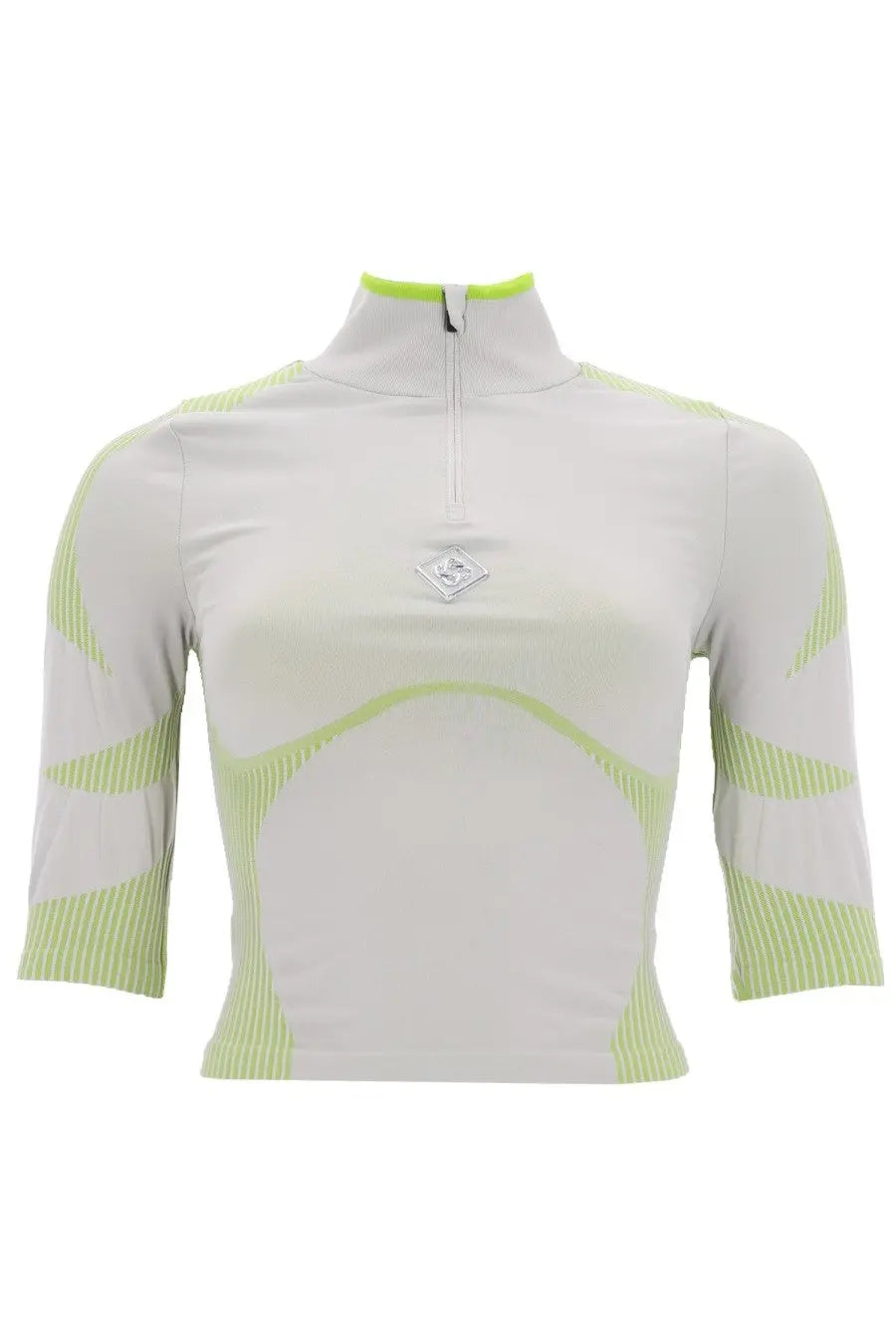 Casablanca women’s white and neon green athletic top with half-zip collar and ribbed detailing in grey background