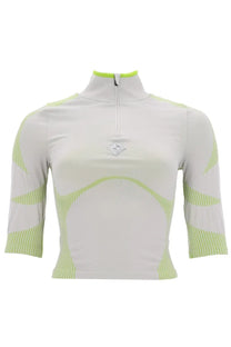 Casablanca women’s white and neon green athletic top with half-zip collar and ribbed detailing in grey background