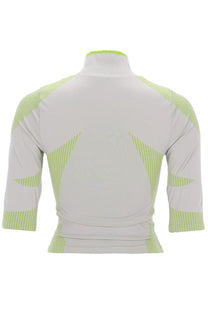 Casablanca women’s athletic top in white and neon green with ribbed striped accents on shoulders and sleeves
