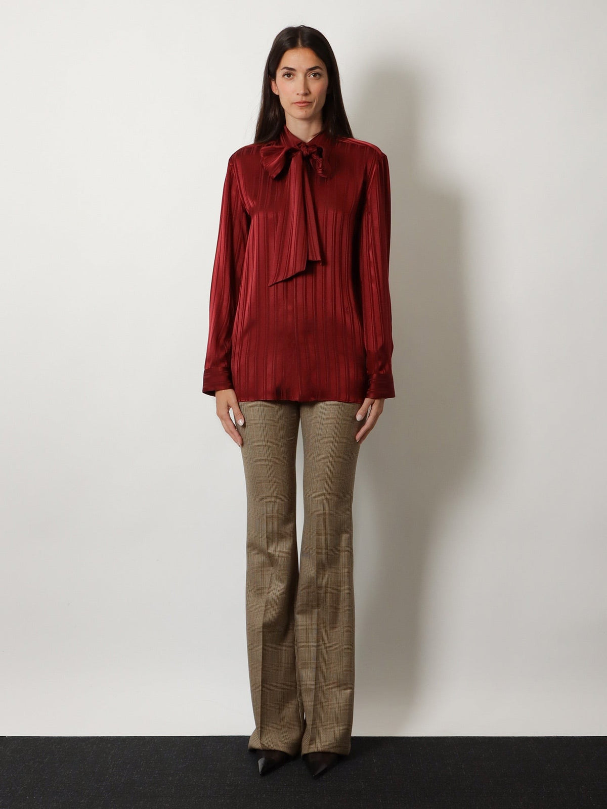 Saint Laurent Women's Cassandre Lavallière Striped Silk Jacquard Shirt Red