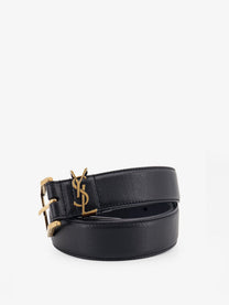 Saint Laurent Men's Cassandre Leather Belt Black