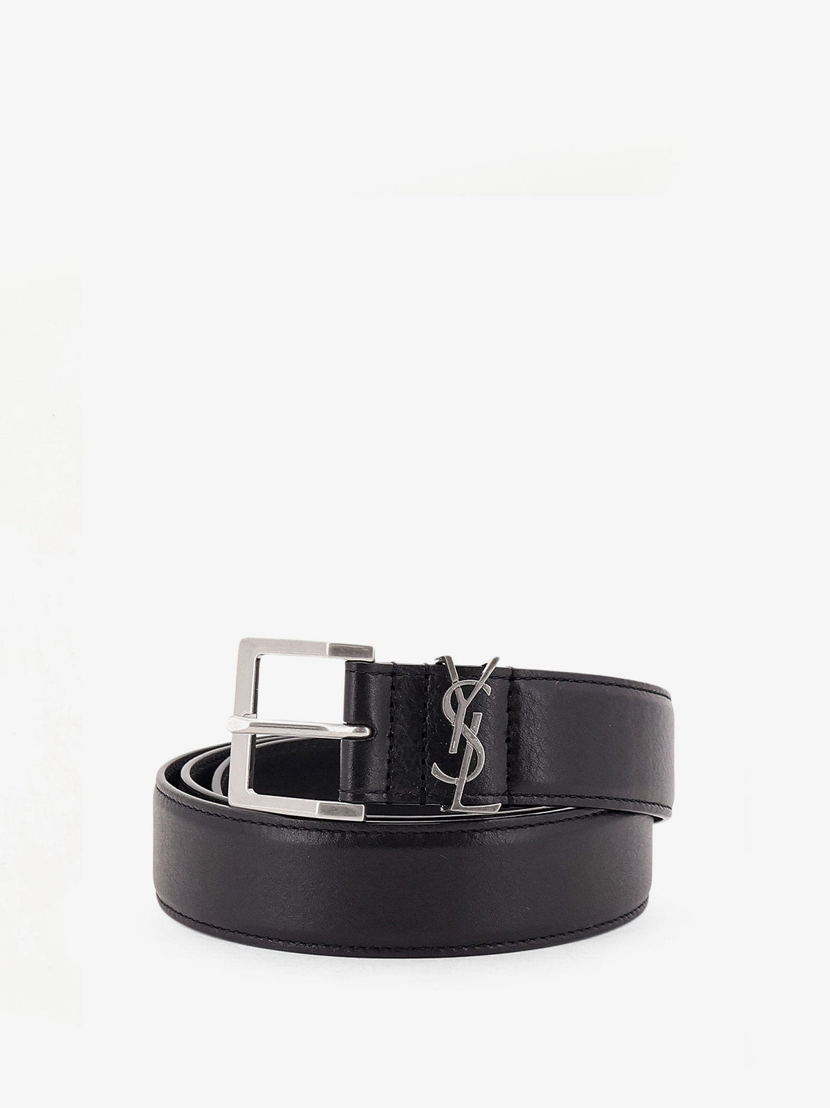 Saint Laurent Men's Cassandre Leather Belt Black, view 3