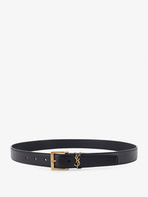 Saint Laurent Men's Cassandre Leather Belt Black