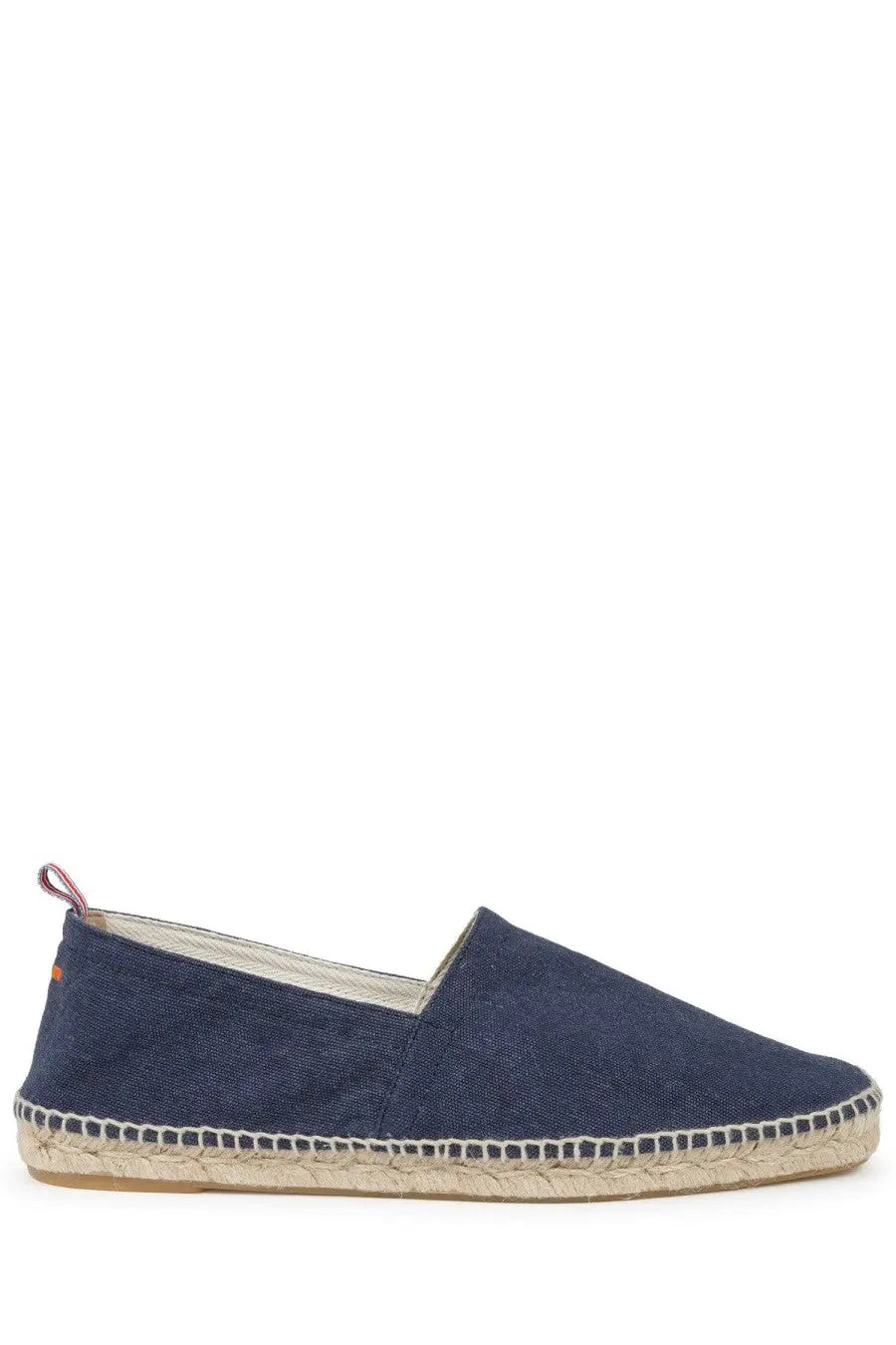 Navy blue canvas espadrille slip-on shoe with woven jute sole and black stitching by Castañer men’s espadrilla Pablo blue