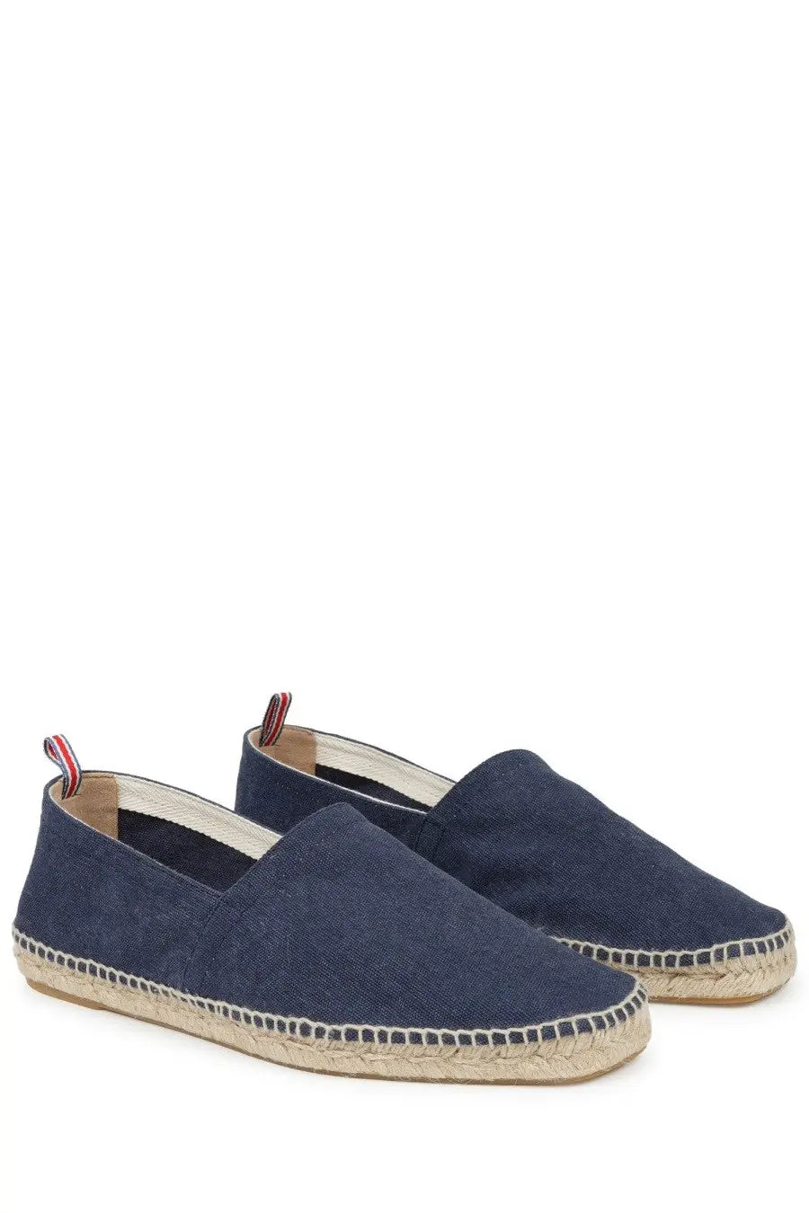 Castañer men’s espadrilla Pablo blue navy canvas espadrilles with woven jute sole and red white blue striped pull tabs