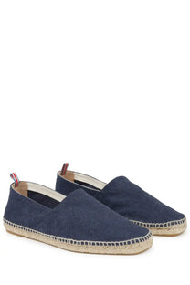 Castañer men’s espadrilla Pablo blue navy canvas espadrilles with woven jute sole and red white blue striped pull tabs